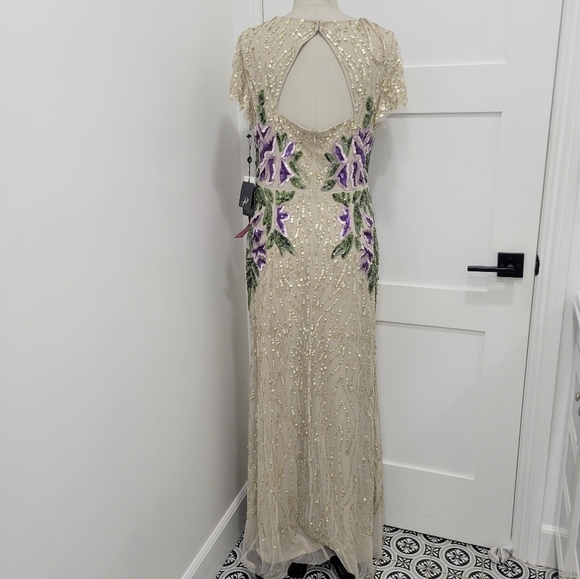 Adrianna Papell Floral Beaded Sweetheart Neck Cap Sleeves Shealth Long Gown 12 - Picture 8 of 16